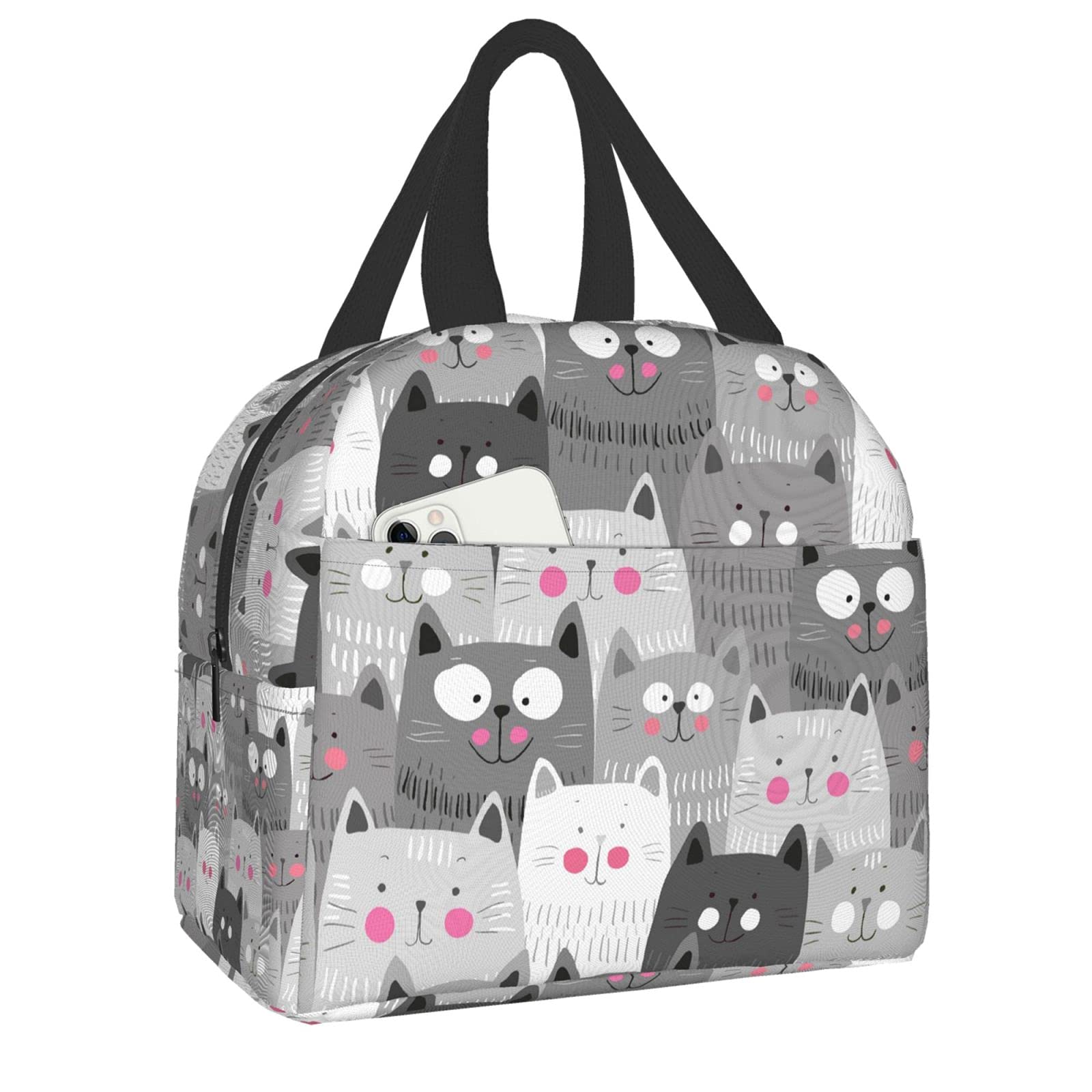 Duduho Cute Grey Cats Kitten Lunch Bag Compact Tote Bag Reusable Lunch Box Container For Women Men School Office Work