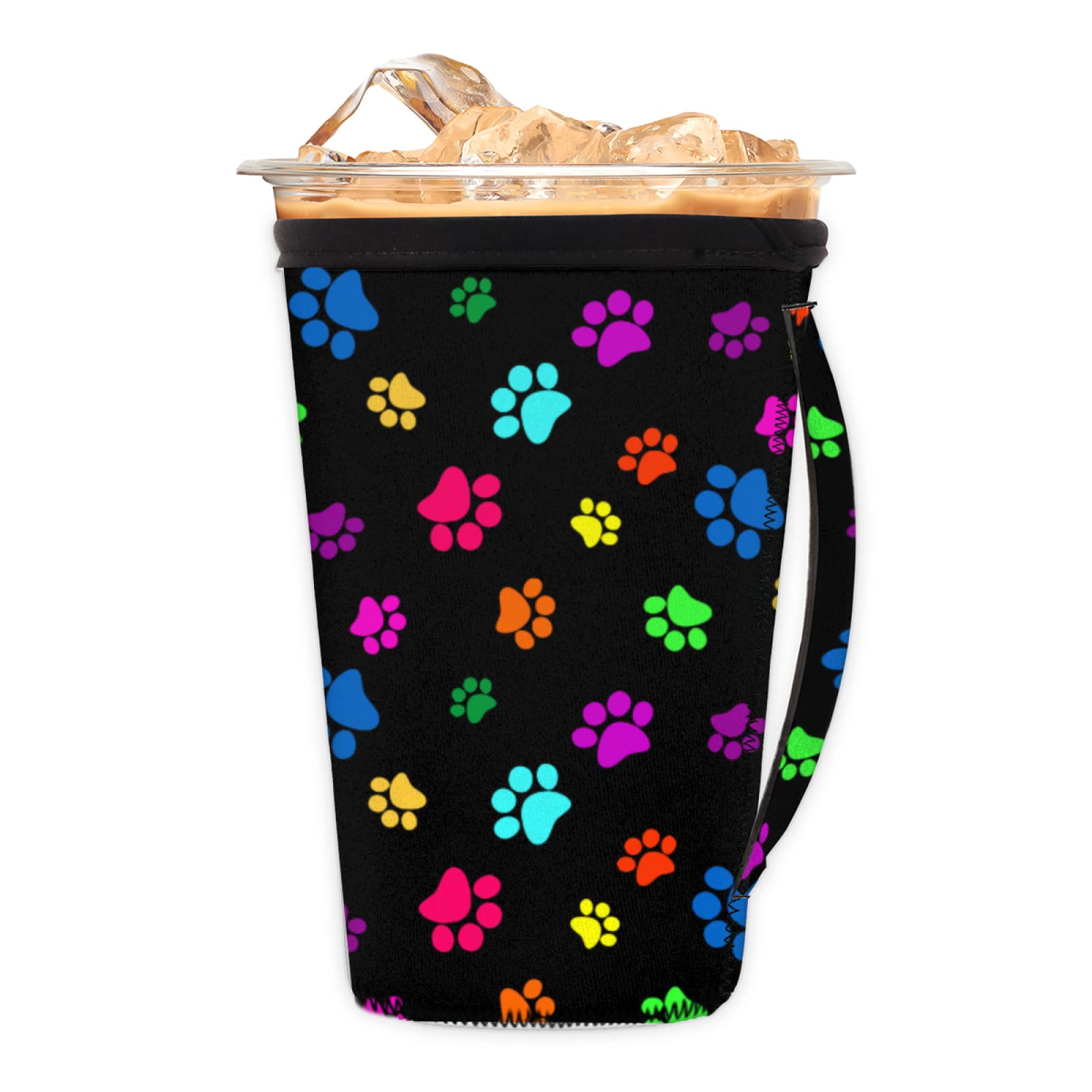 Colorful Animal Paw Print Iced Coffee Sleeve Reusable Insulator Cup Sleeve with Handle Neoprene Drink Sleeve Holder for Hot Cold Beverages 24-28oz