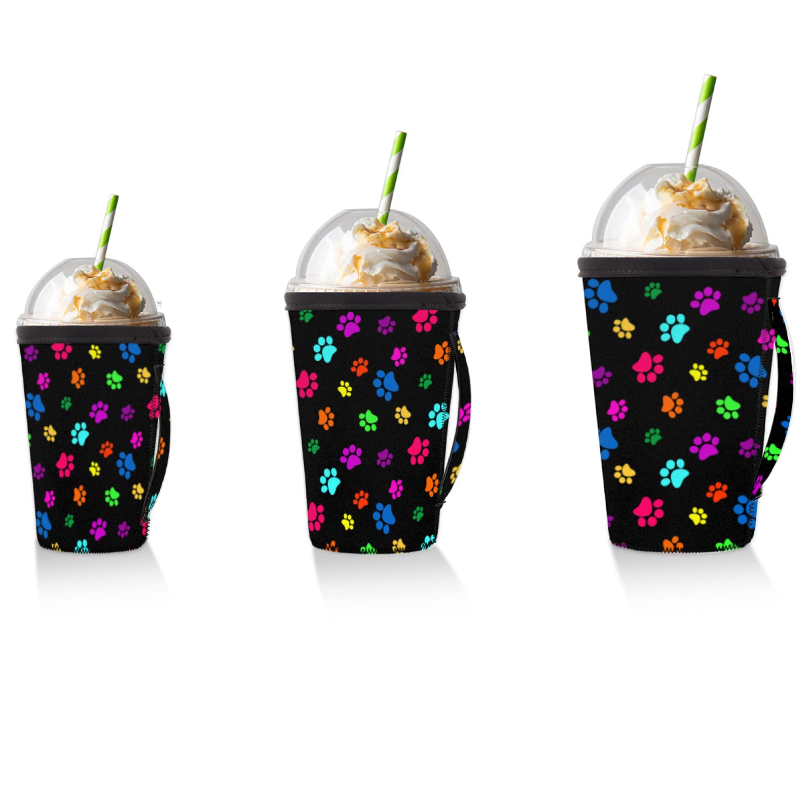 Colorful Animal Paw Print Iced Coffee Sleeve Reusable Insulator Cup Sleeve with Handle Neoprene Drink Sleeve Holder for Hot Cold Beverages 24-28oz