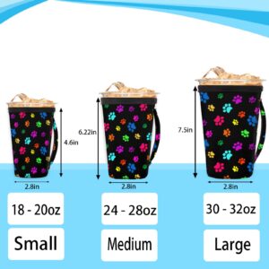 Colorful Animal Paw Print Iced Coffee Sleeve Reusable Insulator Cup Sleeve with Handle Neoprene Drink Sleeve Holder for Hot Cold Beverages 24-28oz