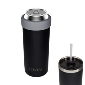 jovial 2 in 1 stainless steel can cooler insulated for all 24&25 oz cans, beer can cooler,seltzer can coozie, can insulator,and work as a iced coffee cup with lid and straw (black)