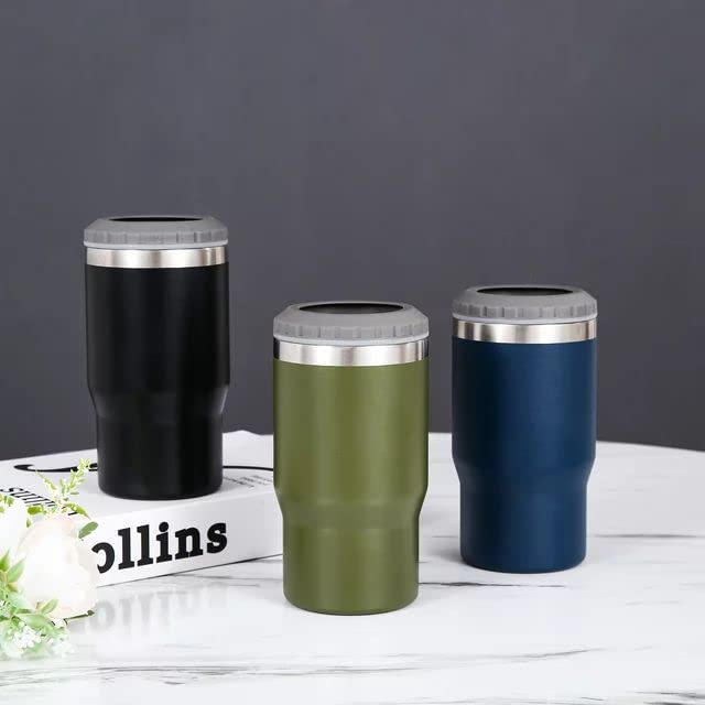 FAMKX 14oz 4 in 1 Stainless Steel Can Cooler Beer Bottle Insulator With 2 Lids, Double walled insulated Thermocooler &Travel Mug Holder Keeping Your Bevearge Cold (Olive green)