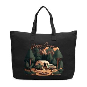 happy camper cotton canvas bag - nature shopping bag - forest tote bag - black