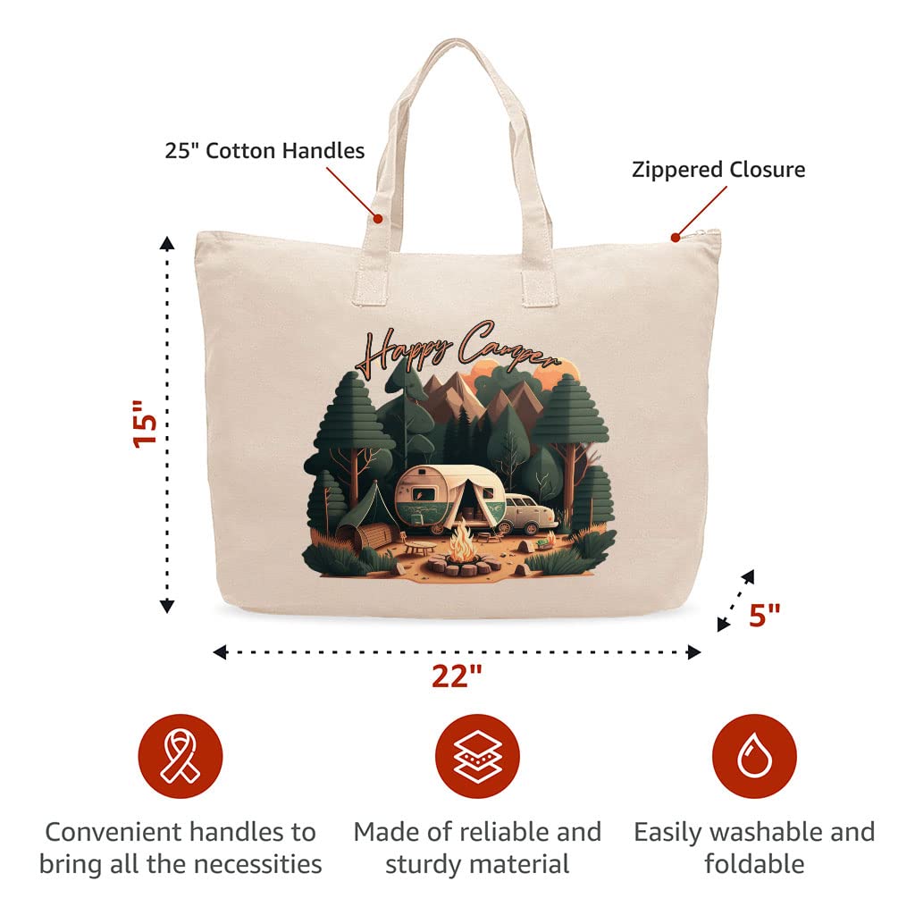 Happy Camper Cotton Canvas Bag - Nature Shopping Bag - Forest Tote Bag - Black