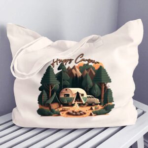 Happy Camper Cotton Canvas Bag - Nature Shopping Bag - Forest Tote Bag - Black