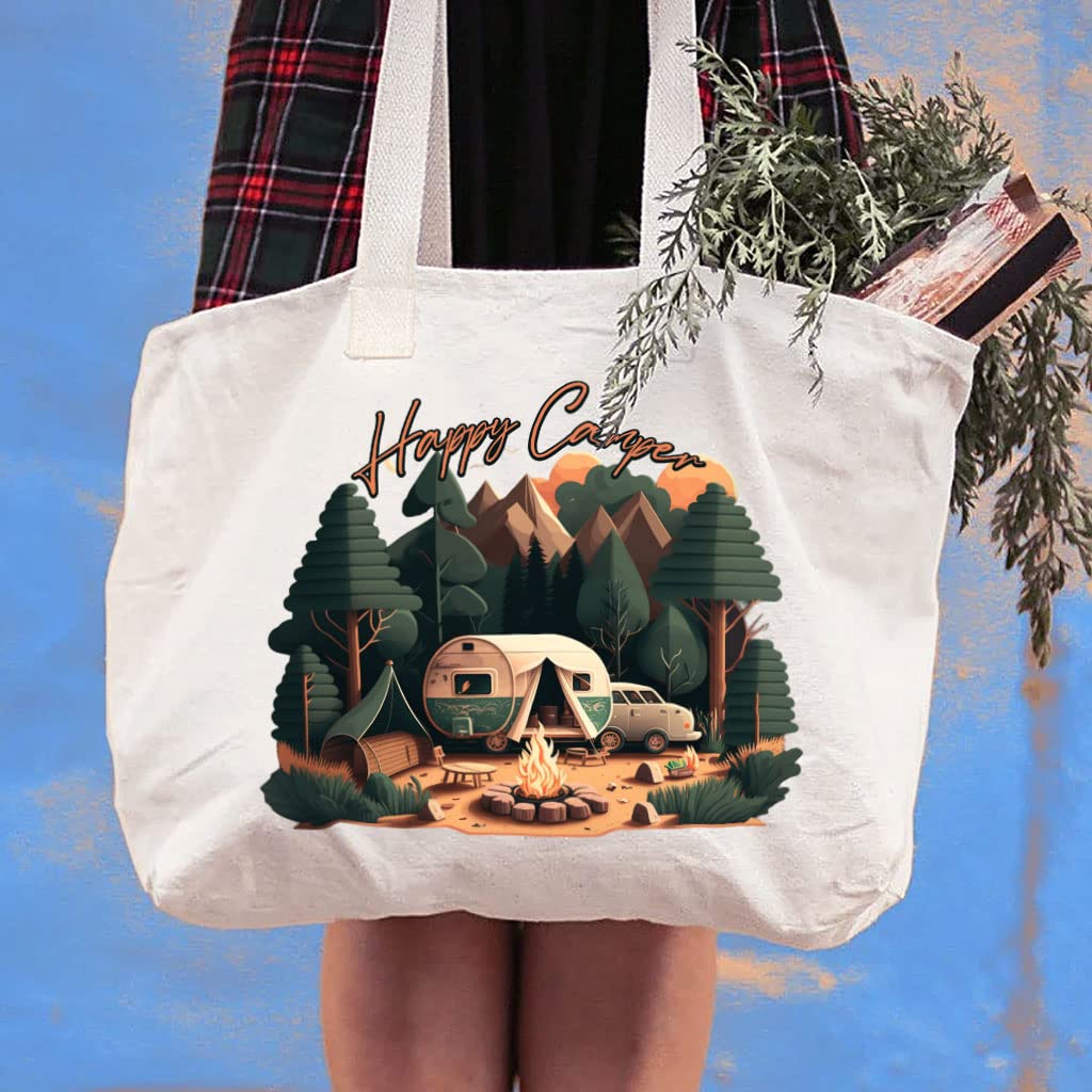 Happy Camper Cotton Canvas Bag - Nature Shopping Bag - Forest Tote Bag - Black