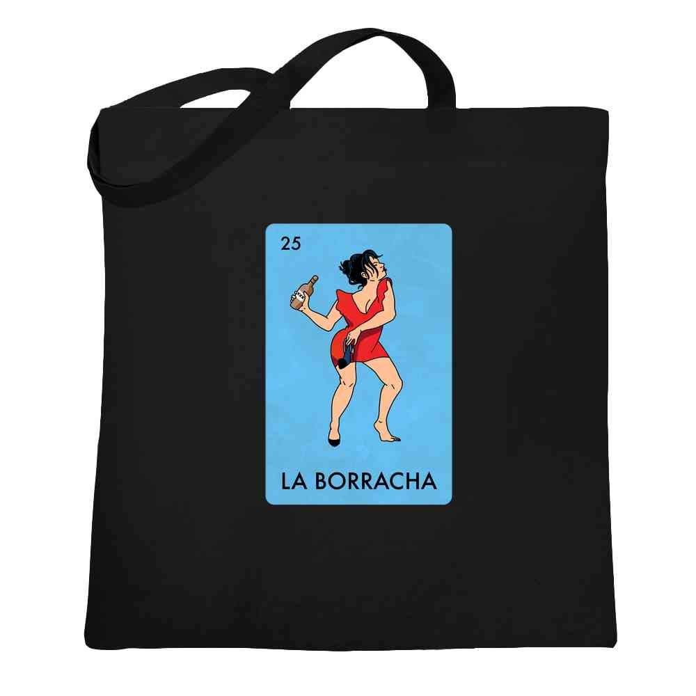 Pop Threads La Borracha Drunk Woman Mexican Lottery Funny Parody Black 15x15 inches Large Canvas Tote Bag