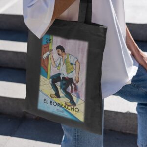 Pop Threads El Borracho Drunk Loteria Card Mexican Latina Graphic Tote Bag for Adults Black 15x15 inches