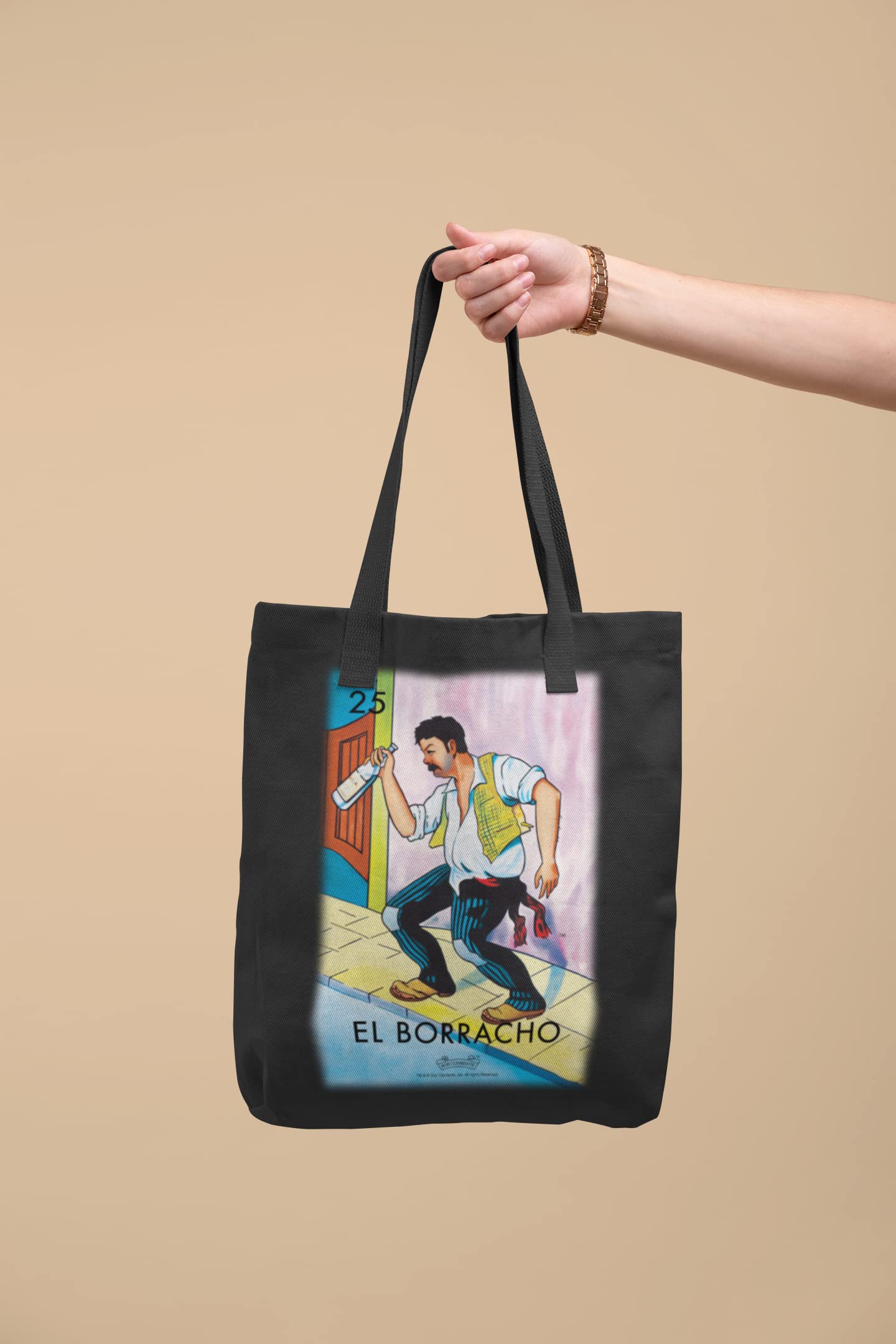 Pop Threads El Borracho Drunk Loteria Card Mexican Latina Graphic Tote Bag for Adults Black 15x15 inches