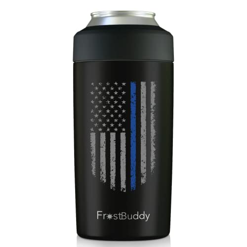 Frost Buddy Emergency Police - Firefighter Universal Can Cooler - Stainless Steel Can Cooler for 12 oz & 16 oz Regular or Slim Cans & Bottles - Stainless Steel Custom…… (PoliceDistressedFlag)