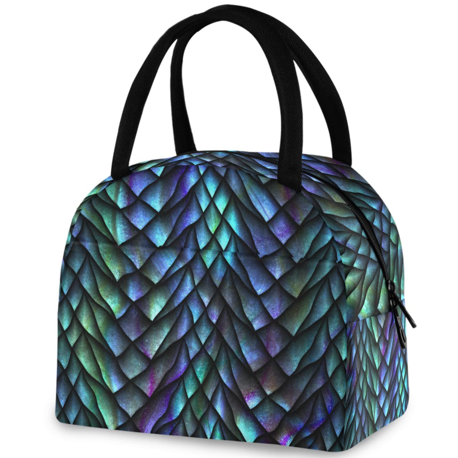 ZzWwR 3d Magic Dragon Scales Reusable Lunch Tote Bag with Front Pocket Zipper Closure Insulated Thermal Cooler Container Bag Work Picnic Travel Beach Fishing