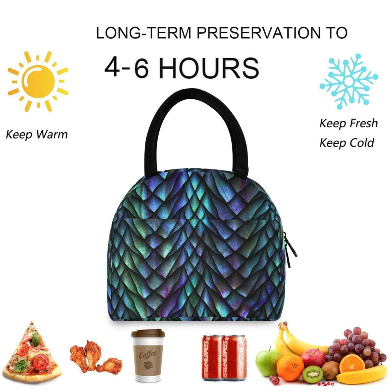 ZzWwR 3d Magic Dragon Scales Reusable Lunch Tote Bag with Front Pocket Zipper Closure Insulated Thermal Cooler Container Bag Work Picnic Travel Beach Fishing