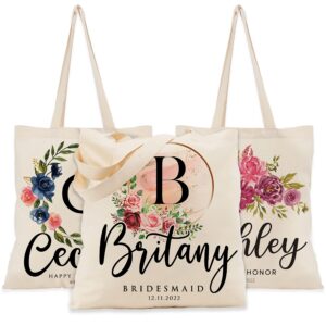 personalized floral initial tote bags gifts for women - 9 flower designs customizable w/name text date - custom wedding totes bag gift for bridesmaid - customized monogrammed shoulder bag for girls c1