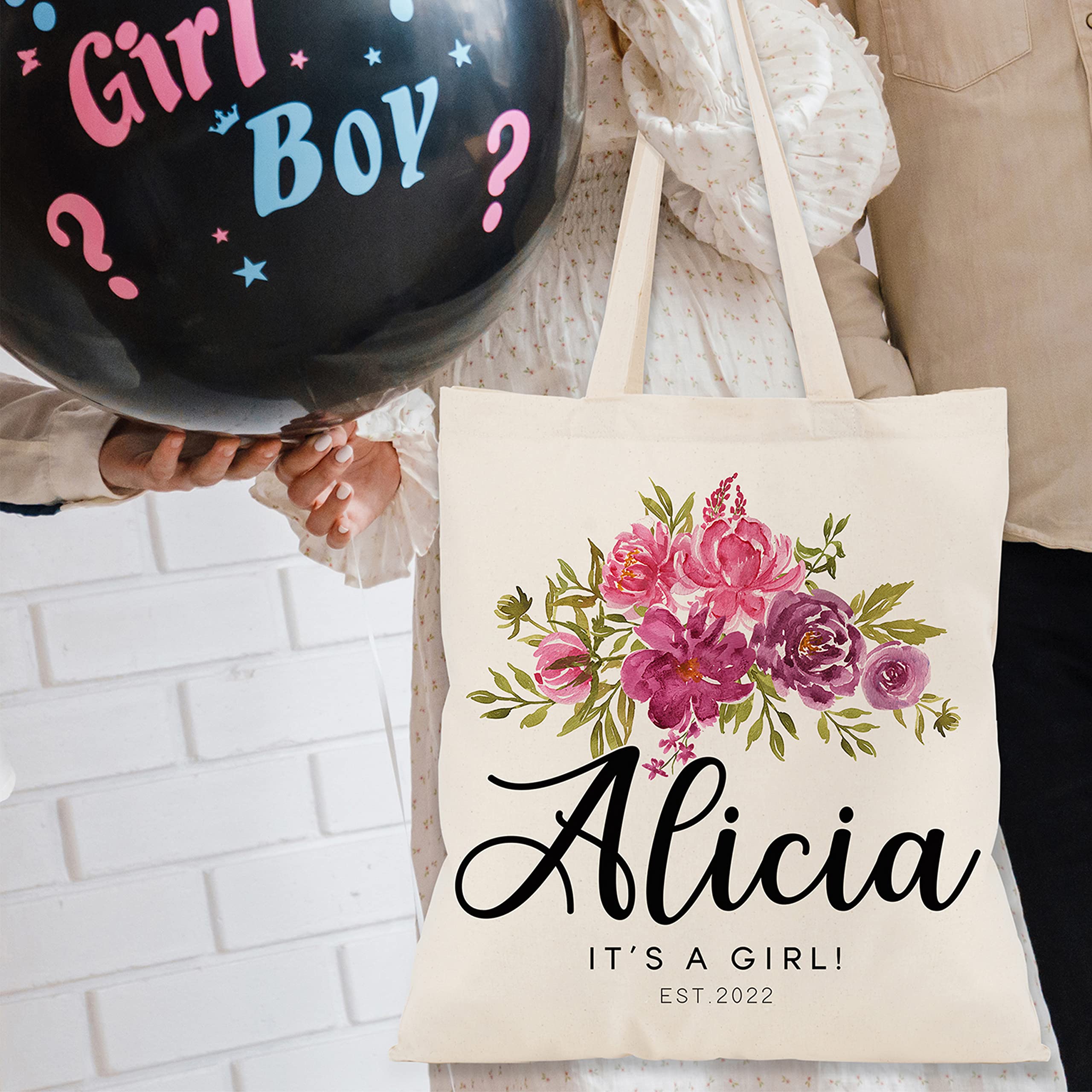 Personalized Floral Initial Tote Bags Gifts for Women - 9 Flower Designs Customizable w/Name Text Date - Custom Wedding Totes Bag Gift for Bridesmaid - Customized Monogrammed Shoulder Bag for Girls C1