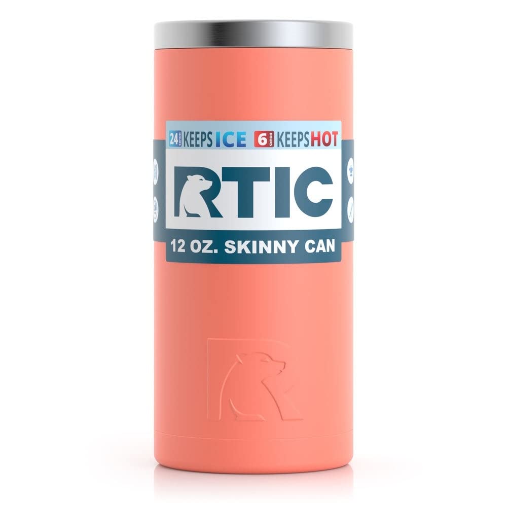 RTIC Skinny Can Cooler, Fits all 12oz Slim Cans, Coral, Insulated Stainless Steel, Sweat-Proof, Keeps Cold Longer