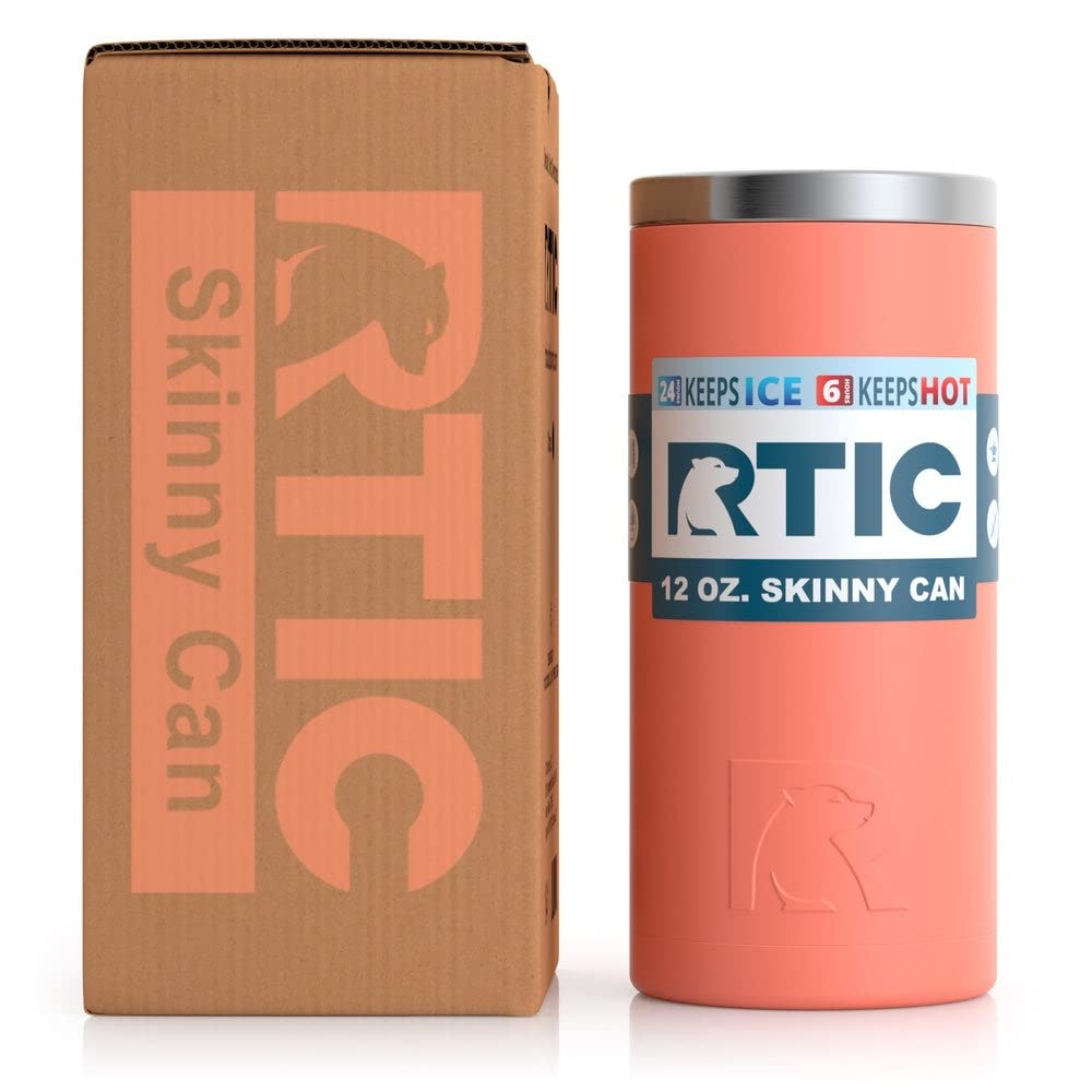 RTIC Skinny Can Cooler, Fits all 12oz Slim Cans, Coral, Insulated Stainless Steel, Sweat-Proof, Keeps Cold Longer