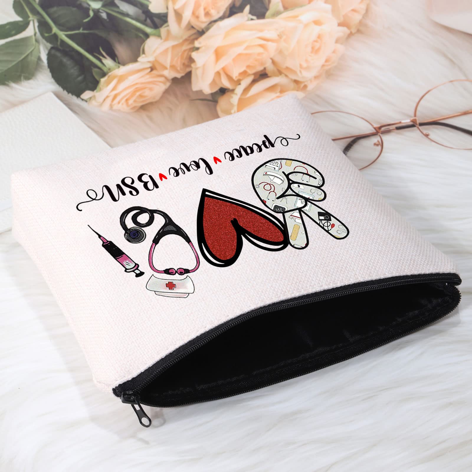 POFULL BSN Nurse Graduation Gift BSN Degree Nursing School Gift Peace Love BSN Cosmetic Bag Happy Nurse Day Gift (peace love BSN bag)