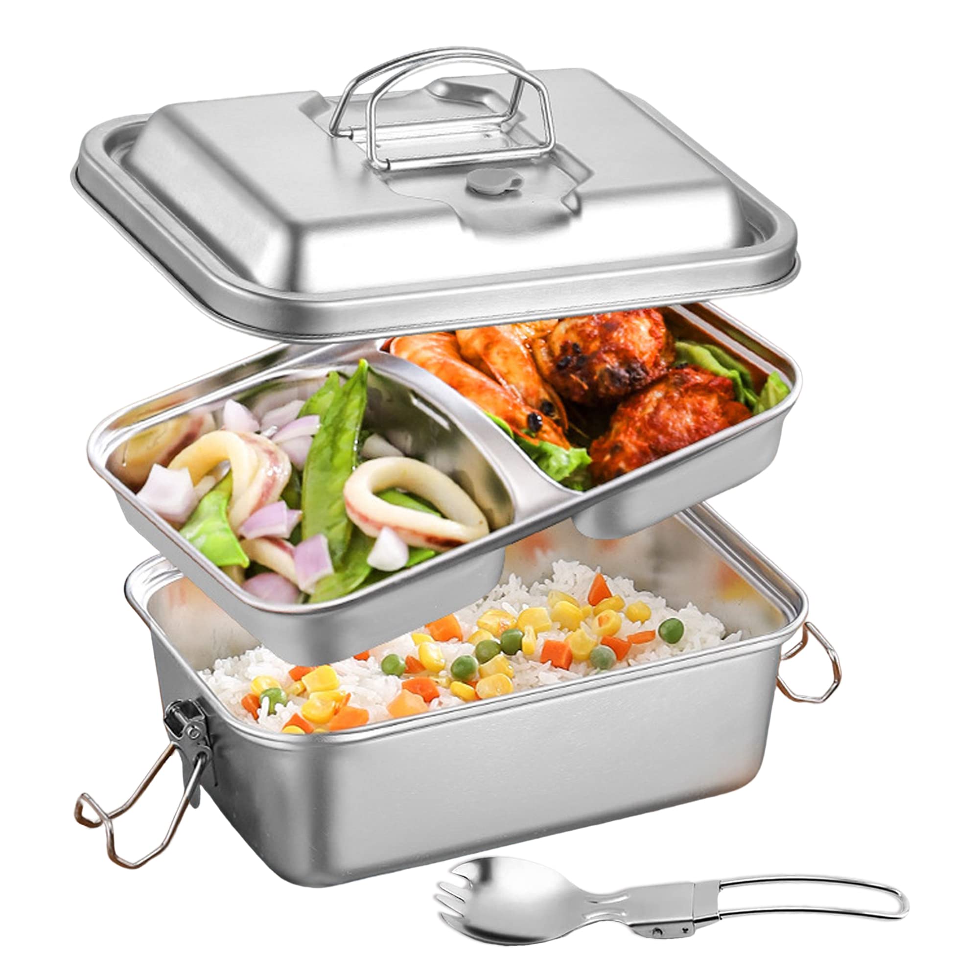 Stainless Steel Bento Lunch Box Salad Sandwich Pasta Bento Containers 2 Tier Leak Proof with Clip Locks Perfect for Freezer-Safe/Leakproof Meal Prep/Snack Container for Adults