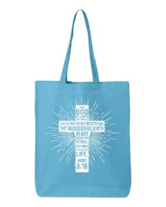shop4ever john 3:16 bible verse cross christian faith eco cotton tote reusable shopping bag 6 oz turquoise 1 pack