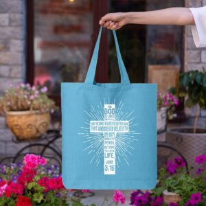 shop4ever John 3:16 Bible Verse Cross Christian Faith Eco Cotton Tote Reusable Shopping Bag 6 oz Turquoise 1 Pack