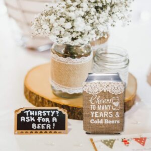 VictoryStore Custom Rustic Wedding Can Cooler Cheers to many Years and Cold Beers, Wedding Can Coolers Set of (100)