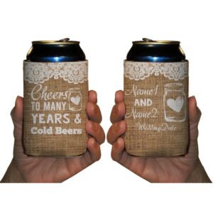 VictoryStore Custom Rustic Wedding Can Cooler Cheers to many Years and Cold Beers, Wedding Can Coolers Set of (100)