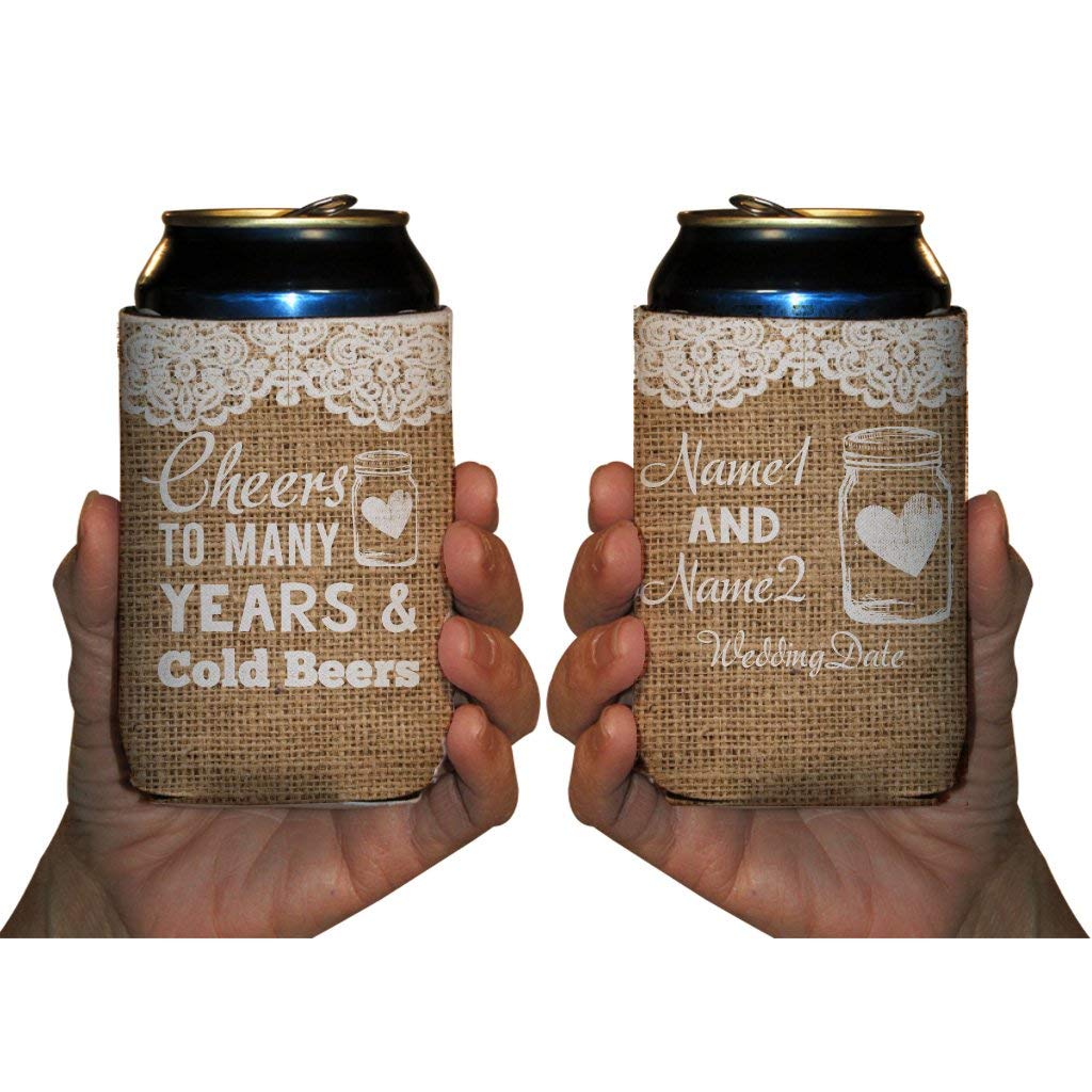 VictoryStore Custom Rustic Wedding Can Cooler Cheers to many Years and Cold Beers, Wedding Can Coolers Set of (100)