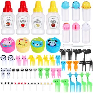 50 pcs kids bento box accessories including food picks mini condiment bottles ketchup squeeze bottles, mini soy sauce container with funnel for kids school bento camping office accessories (animal)