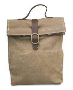 s sona home goods waxed canvas lunch bag, ecofriendly, reusable, brown, for women or men. the perfect large heavy duty lunch box for meal prep, work, or travel.