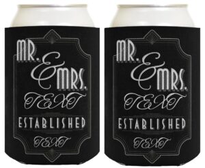 engagement party favor for women mr & mrs custom name and established date 2-pack personalized can coolie drink coolers coolies black