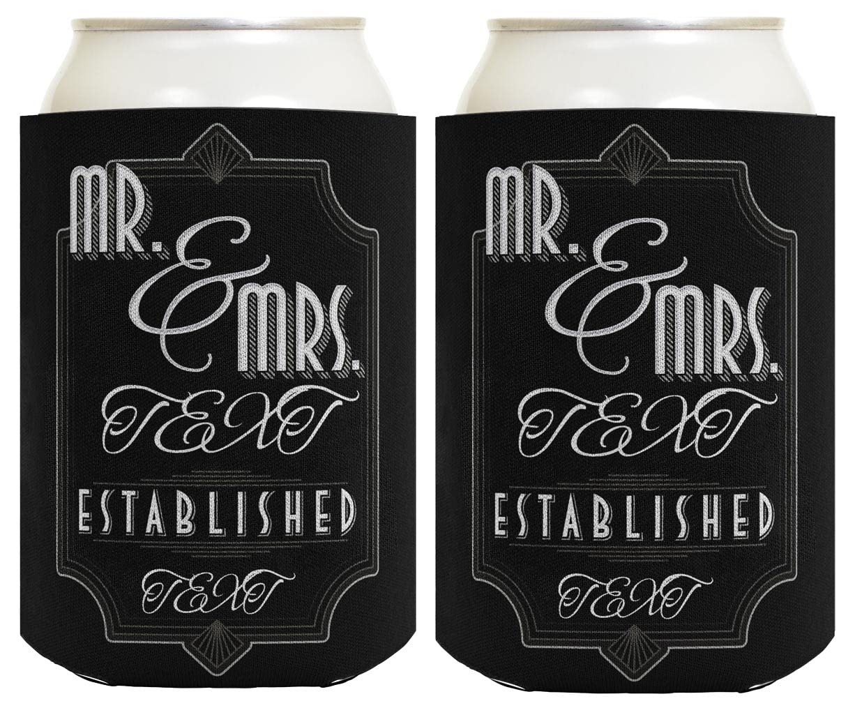 Engagement Party Favor For Women Mr & Mrs Custom Name and Established Date 2-Pack Personalized Can Coolie Drink Coolers Coolies Black