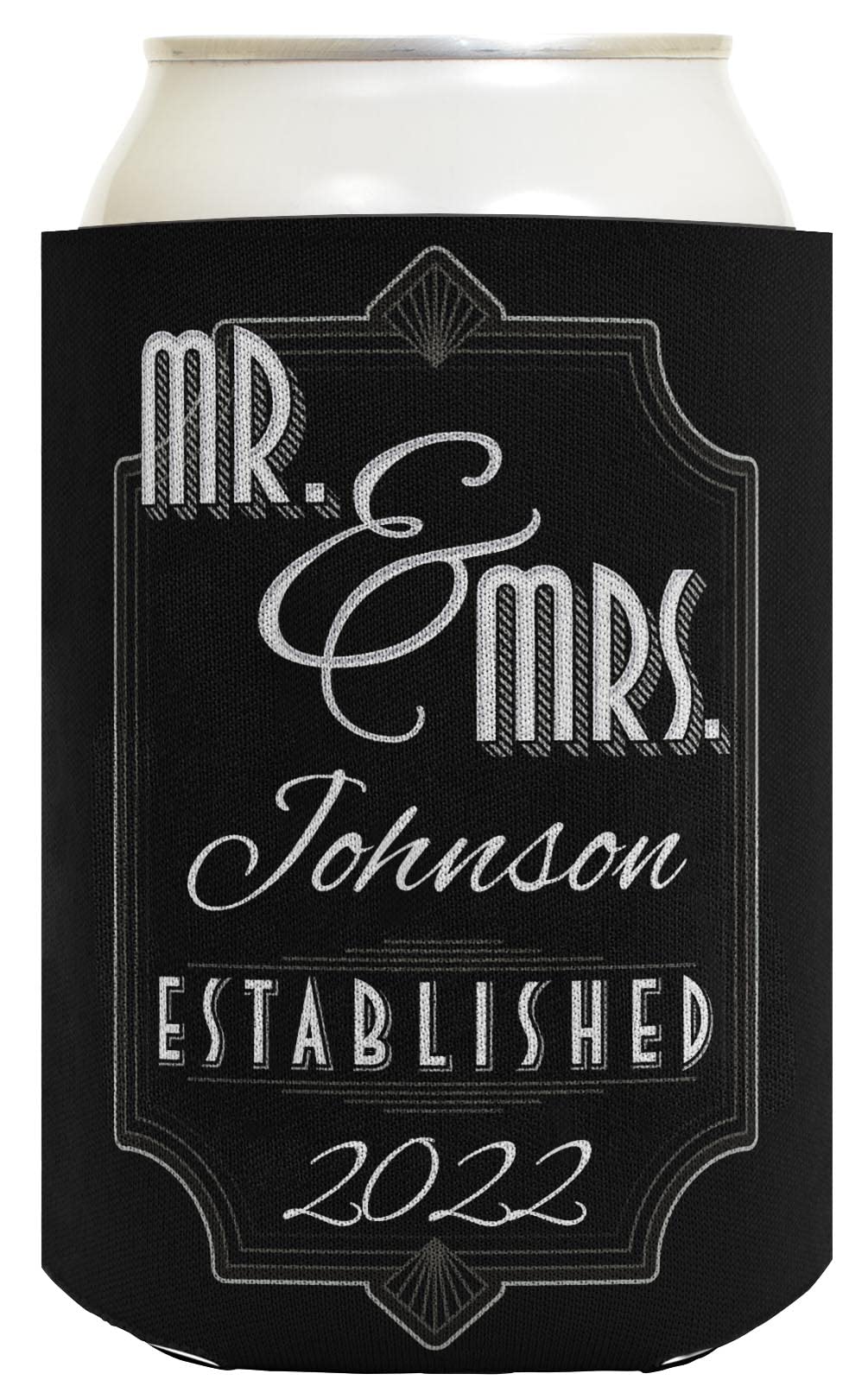 Engagement Party Favor For Women Mr & Mrs Custom Name and Established Date 2-Pack Personalized Can Coolie Drink Coolers Coolies Black