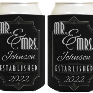 Engagement Party Favor For Women Mr & Mrs Custom Name and Established Date 2-Pack Personalized Can Coolie Drink Coolers Coolies Black