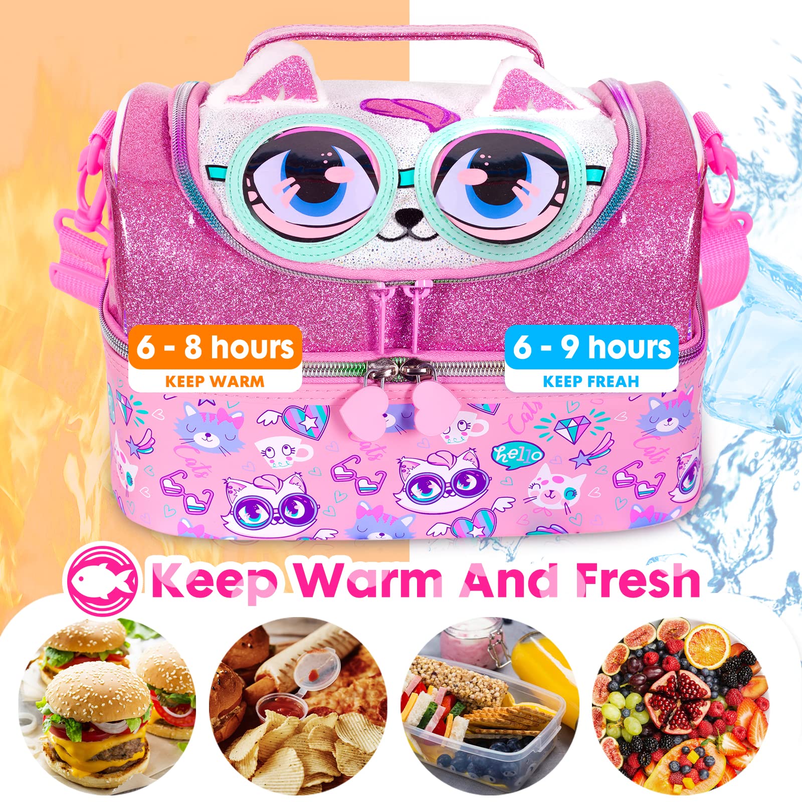 YOYTOO Kids Double Decker Cooler Insulated Lunch Bag Large Tote for Boys, Girls, Men, Women, with Adjustable Strap, Cat