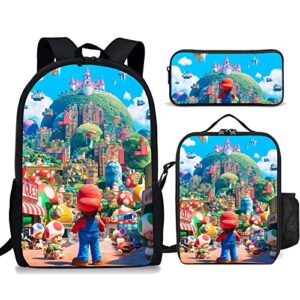 vonpcaty 3-piece cartoon backpack set with insulated lunch box and pen case for boys and girls, bookbag lunch bag pen pouch ideal for travel and work (blue)