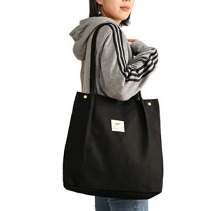 canvas tote bag for women washable reusable carry shoulder bag with inner pocket (black)