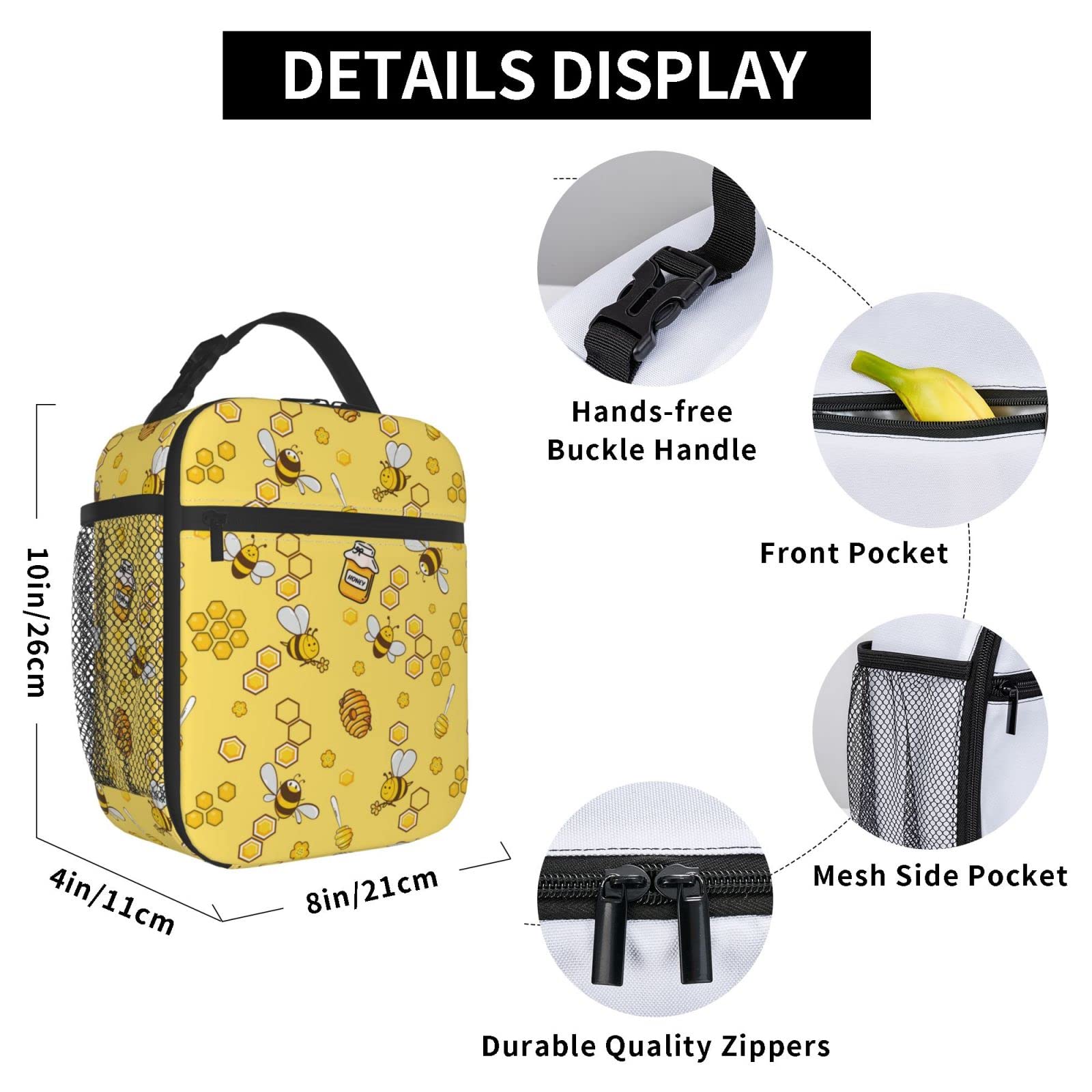 GTQIOTK Bee Lunch Box Insulated Reusable Yellow Lunch Bag for Teen Girls Women Portable Thermal Leakproof Cute Lunchbox Tote Cooler Bags Container for Kids School Office