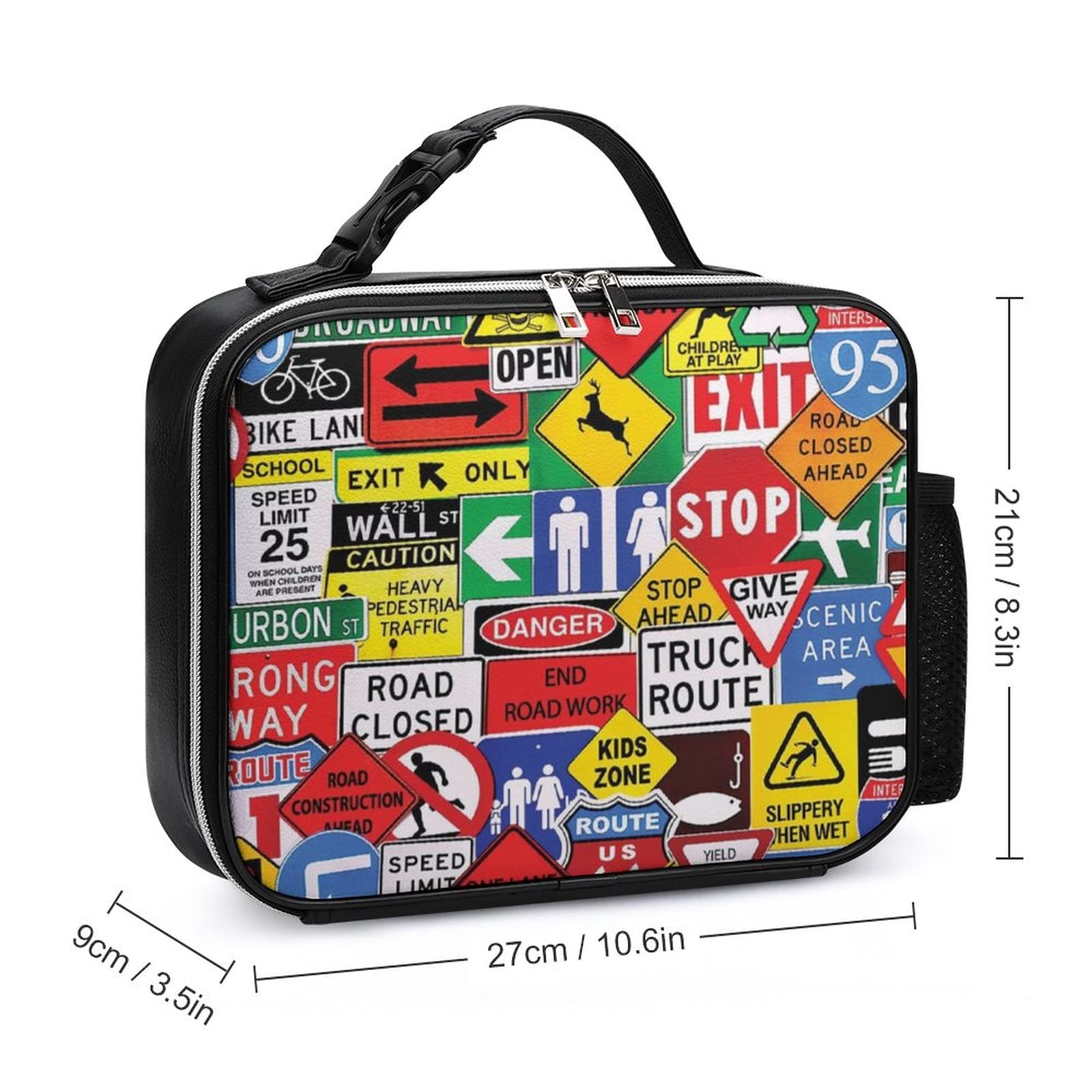 Road Traffic Sign Reusable Lunch Tote Bag Leather Thermal Box with Detachable Handle and Padded Liner for Office Picnic