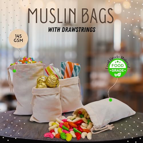 Ecogreentextiles 6x10 in 25 pcs Organic Cotton Muslin Bags with Drawstrings - 100% Natural Cotton Bags, Washable, Biodegradable, Food Safe - Ideal for Shopping, Storage, Spices, Crafts