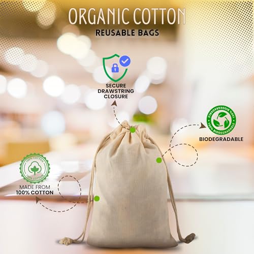 Ecogreentextiles 6x10 in 25 pcs Organic Cotton Muslin Bags with Drawstrings - 100% Natural Cotton Bags, Washable, Biodegradable, Food Safe - Ideal for Shopping, Storage, Spices, Crafts