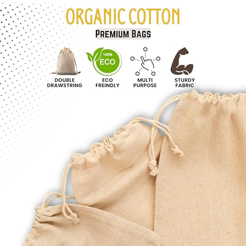 Ecogreentextiles 6x10 in 25 pcs Organic Cotton Muslin Bags with Drawstrings - 100% Natural Cotton Bags, Washable, Biodegradable, Food Safe - Ideal for Shopping, Storage, Spices, Crafts