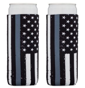 great 1 products thin grey-gray-silver line collapsible beer and seltzer can beverage cooler sleeves - 2 pack tall slim size 12 oz 3mm thick insulated neoprene correctional officer, grey