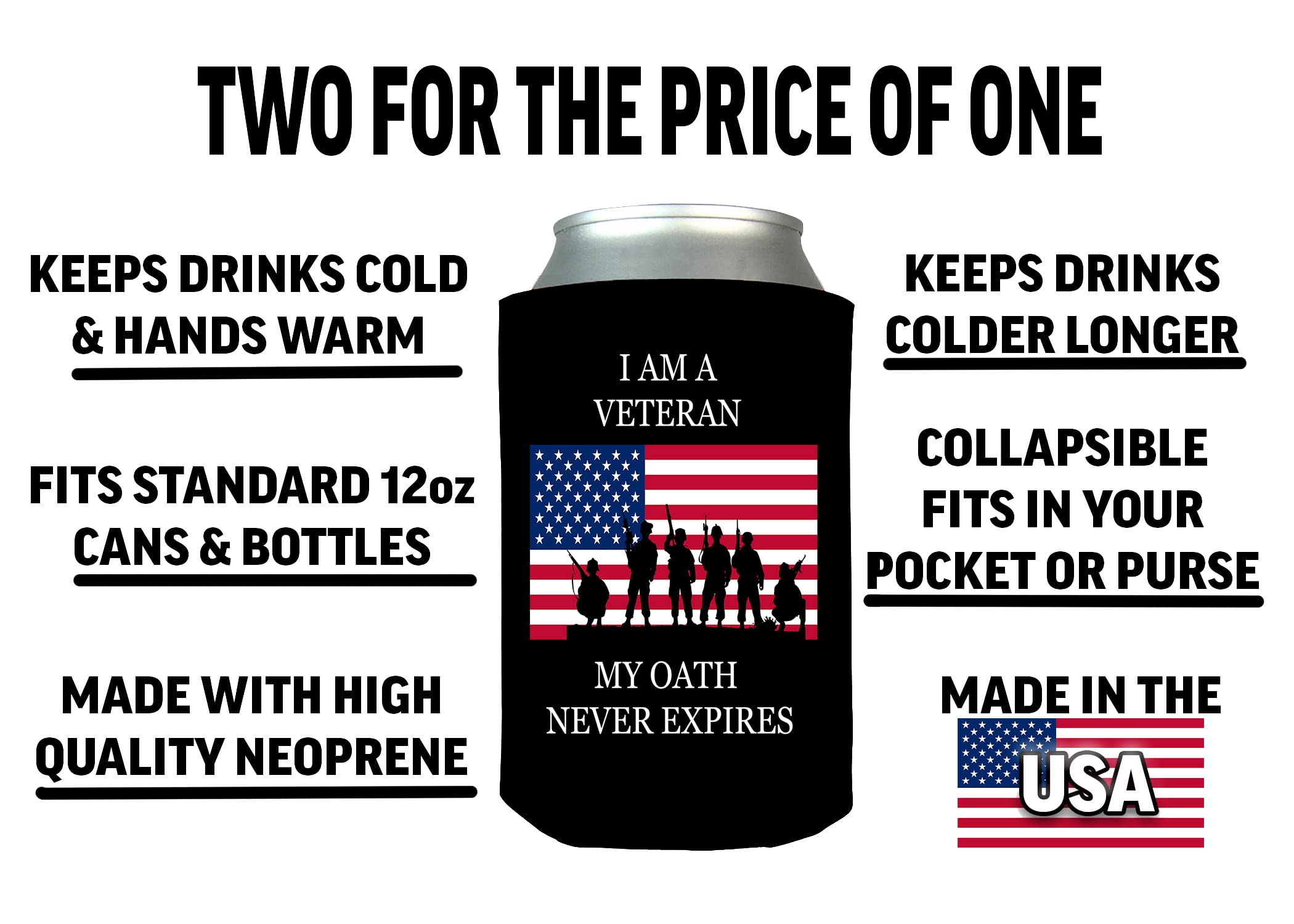 Military Veteran Oath Collapsible Beer Can Bottle Beverage Cooler Sleeves 2 Pack Gift Set