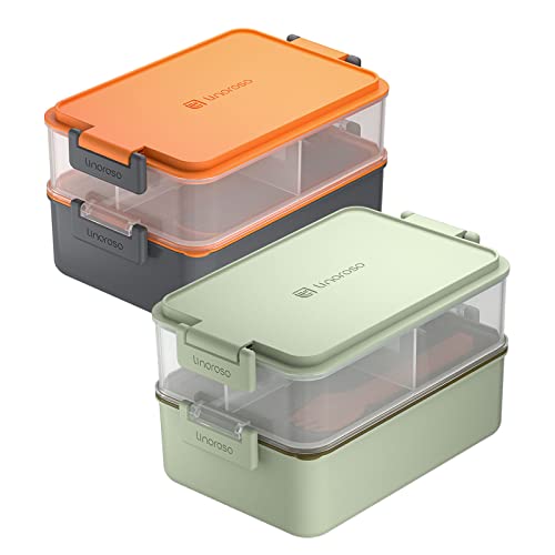 linoroso 2 PCS Stackable Bento Box Adult Lunch Box | Meet All You On-the-Go Needs for Food, Salad and Snack Box, Premium Bento Lunch Box for Adults Include Utensil Set, Dressing Containers