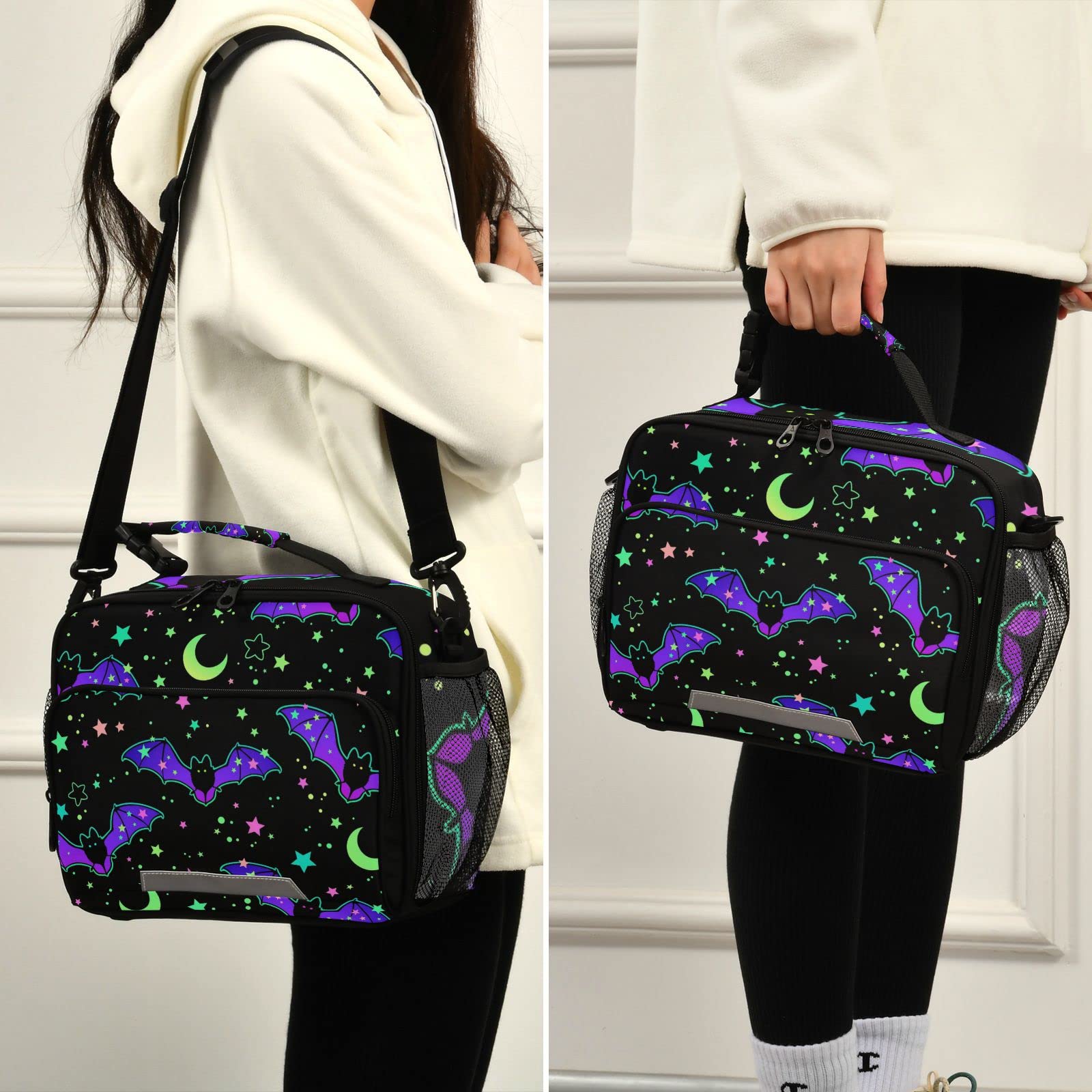 Glaphy Halloween Bats Moon Stars Lunch Bag Cooler Lunch Box Insulated Lunch Tote Bag Food Container for Men Women Kids