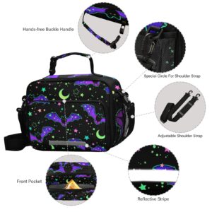 Glaphy Halloween Bats Moon Stars Lunch Bag Cooler Lunch Box Insulated Lunch Tote Bag Food Container for Men Women Kids