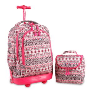 j world new york setbeamer rolling backpack & lunch bag set for boy,girl,shcool and travel (skandi pink)