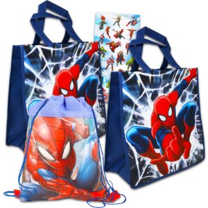 marvel spiderman tote and drawstring bags value bundle - 2 reusable totes and 1 drawstring party bag with spiderman stickers superhero party pack featuring spiderman (spiderman party supplies)