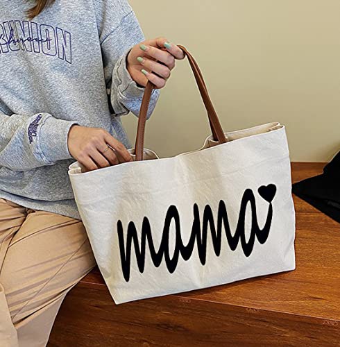 D DASAWAN Canvas Mama Tote Bag - Reusable Grocery Mom Bag for Mother’s Day Gifts,Mom Birthday Presents,Shopping,Travel