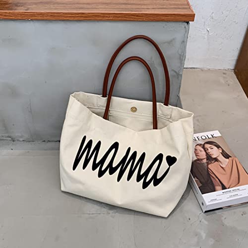 D DASAWAN Canvas Mama Tote Bag - Reusable Grocery Mom Bag for Mother’s Day Gifts,Mom Birthday Presents,Shopping,Travel